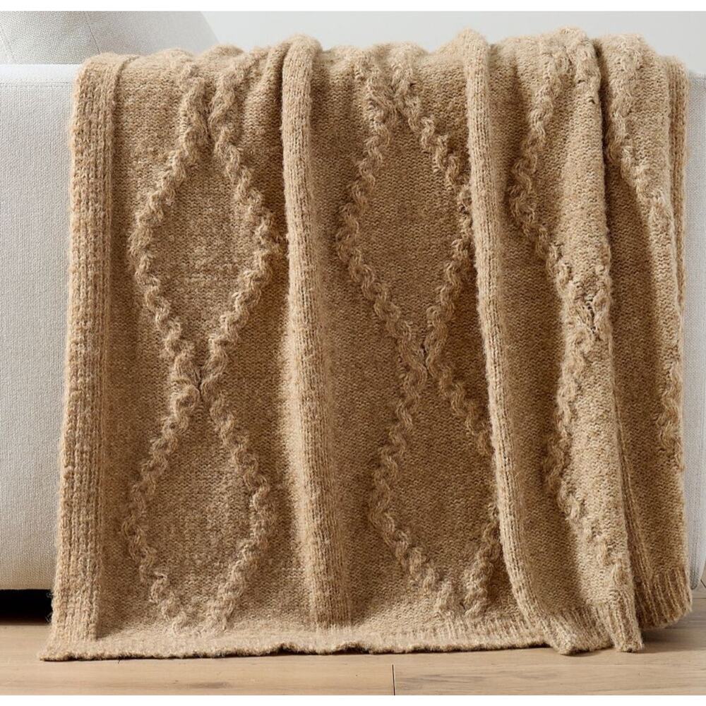 New Pottery Barn Diamond Cable Knit Throw Blanket, 50 x 60", Heathered Camel